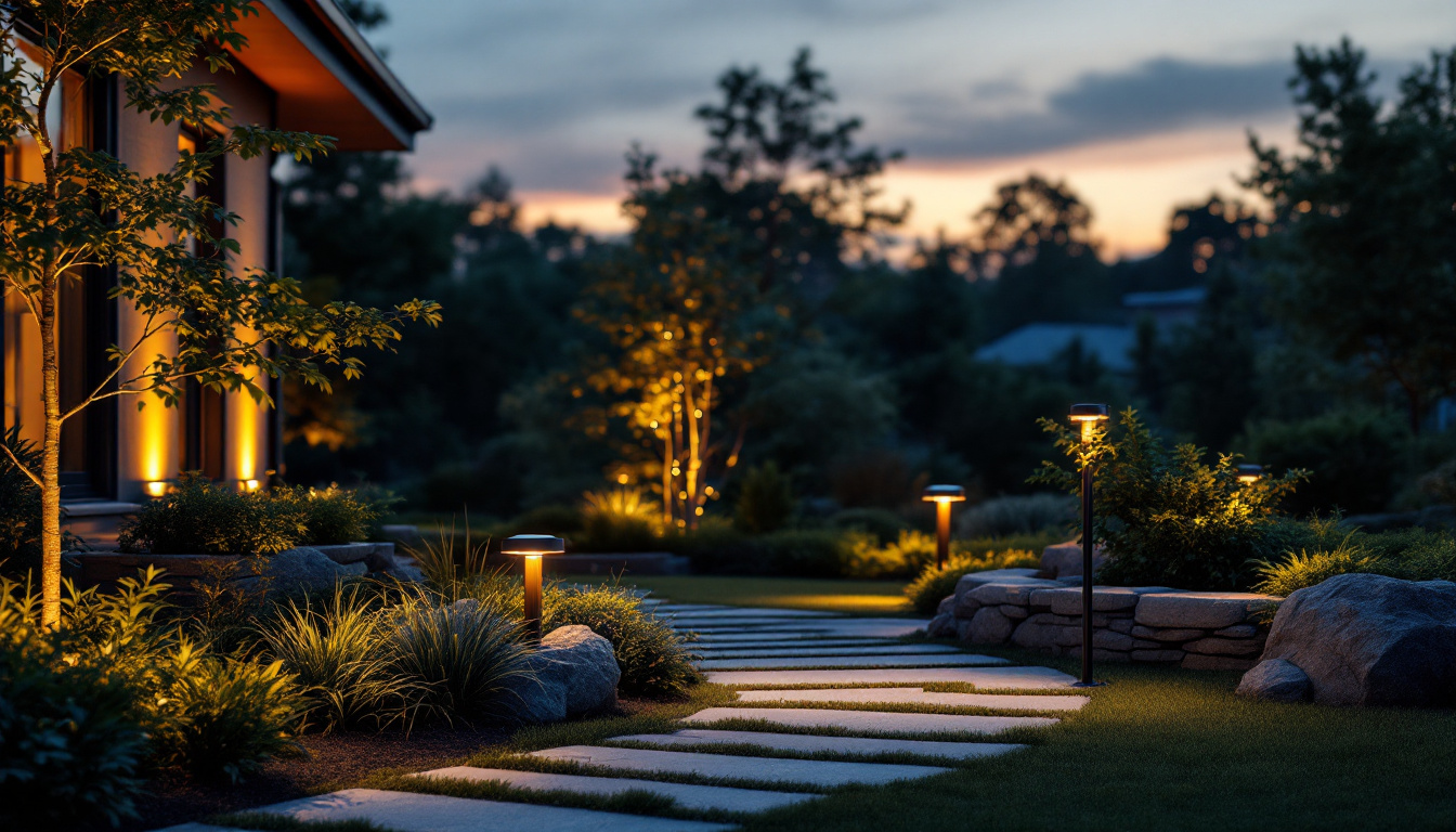 A photograph of a beautifully illuminated outdoor space featuring solar-powered landscape lighting
