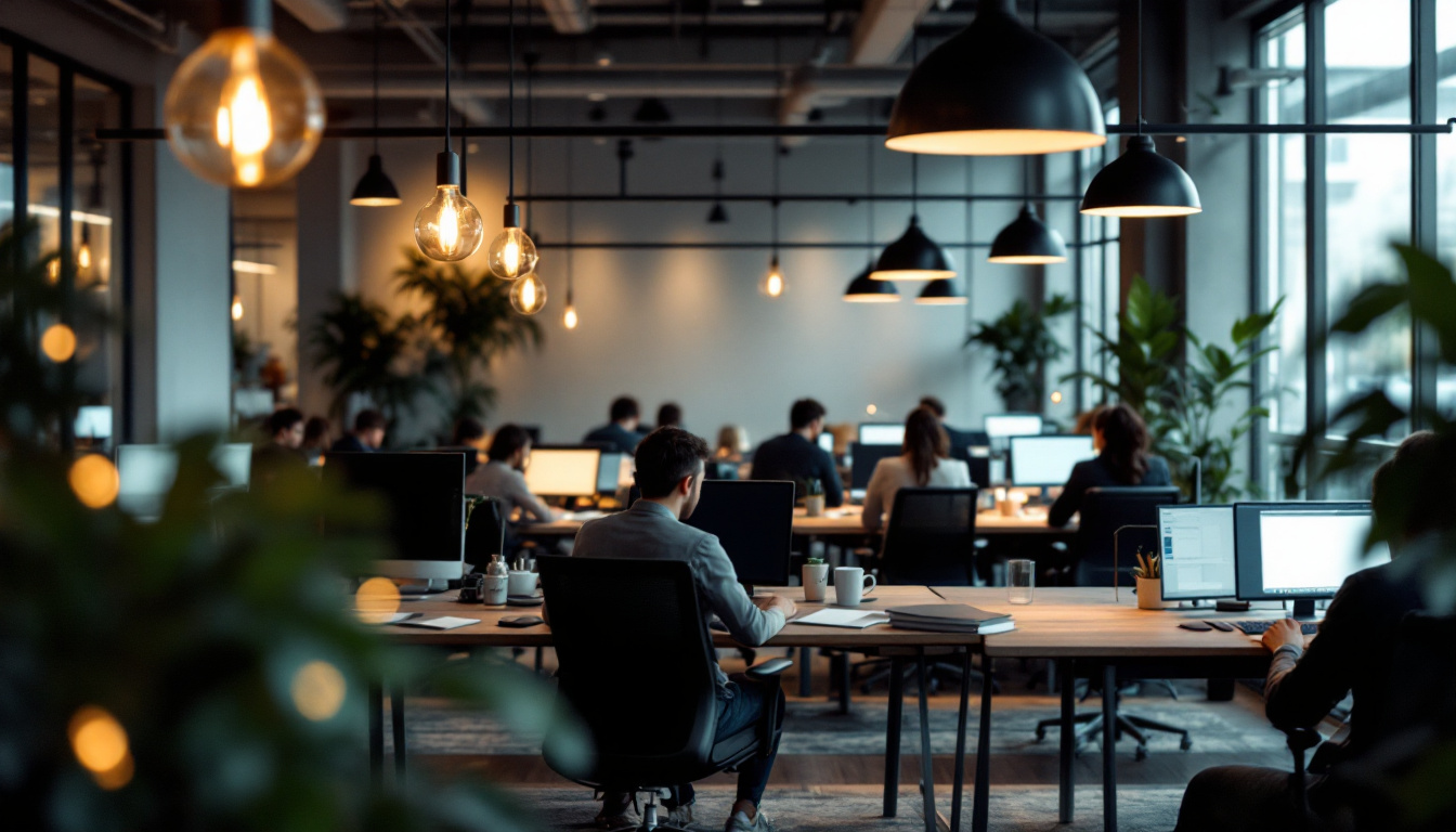 A photograph of a modern workplace featuring stylish pendant lights that illuminate workspaces