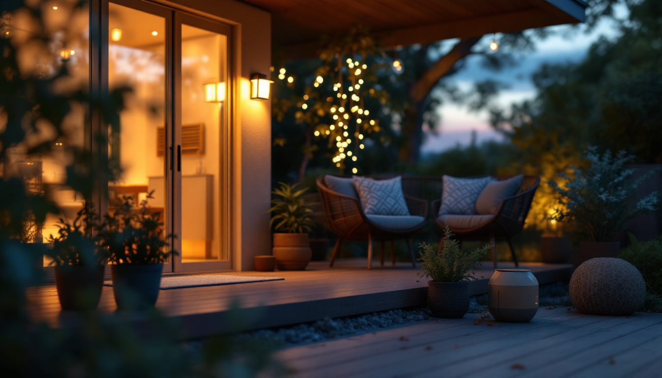 A photograph of a beautifully designed solar-powered porch light illuminating a cozy outdoor space at dusk
