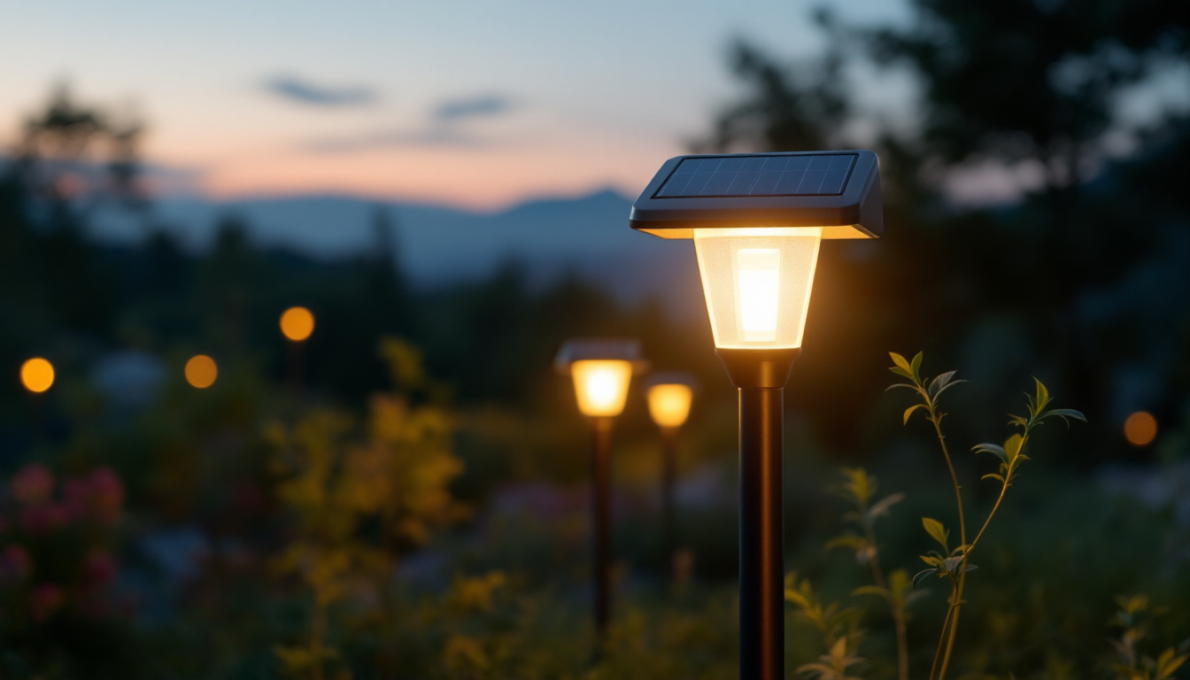 A photograph of a solar-powered lamp post illuminated at dusk