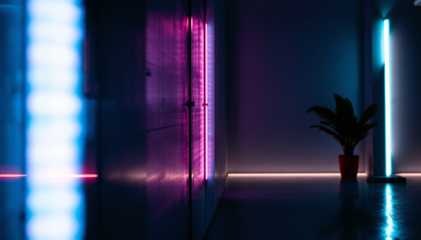 A photograph of a vibrant 8 ft led light installation in a dimly lit environment