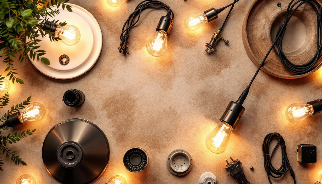 A photograph of a beautifully arranged flat lay featuring various hanging lamp parts