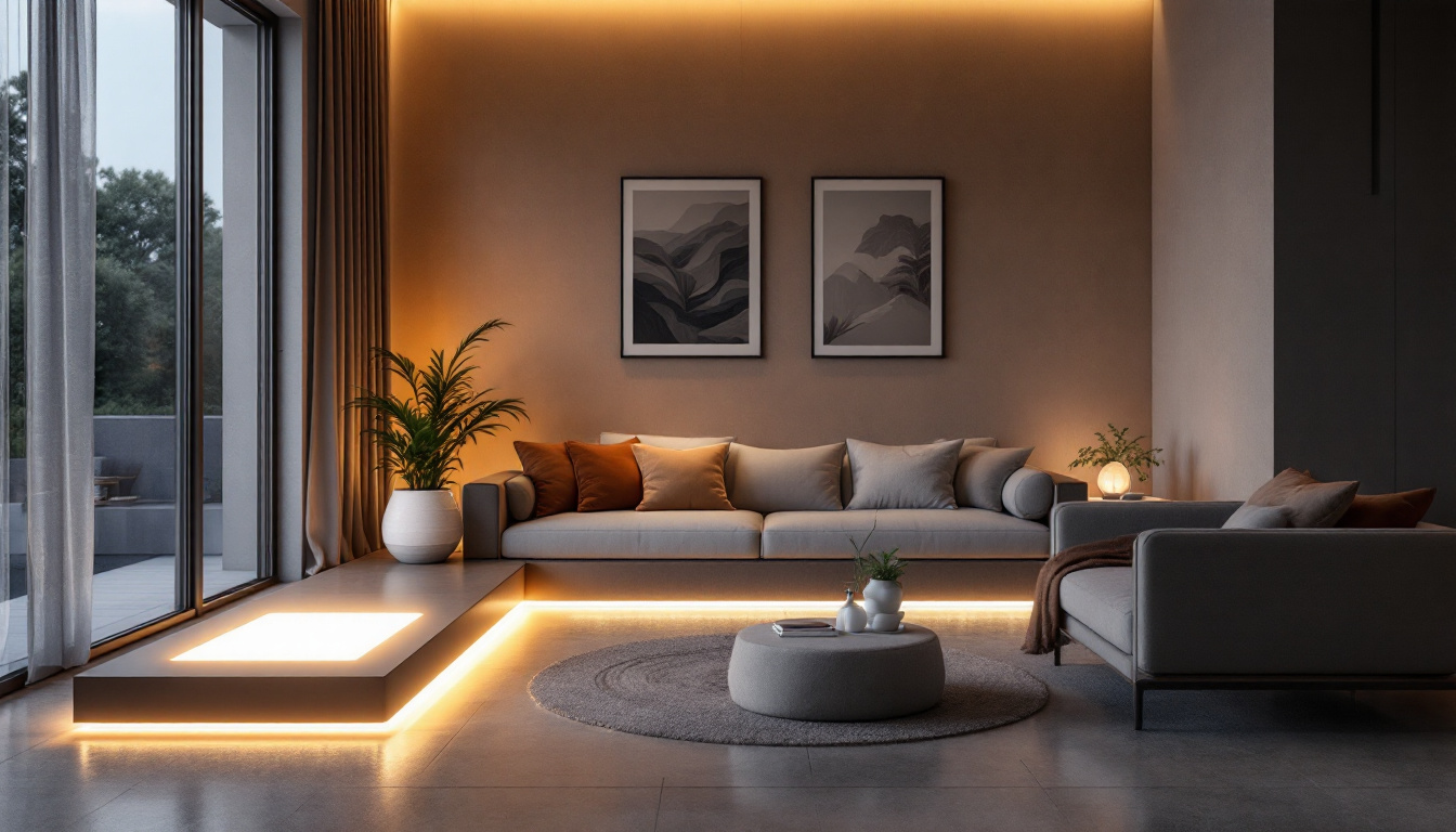 A photograph of a modern interior space illuminated by sleek