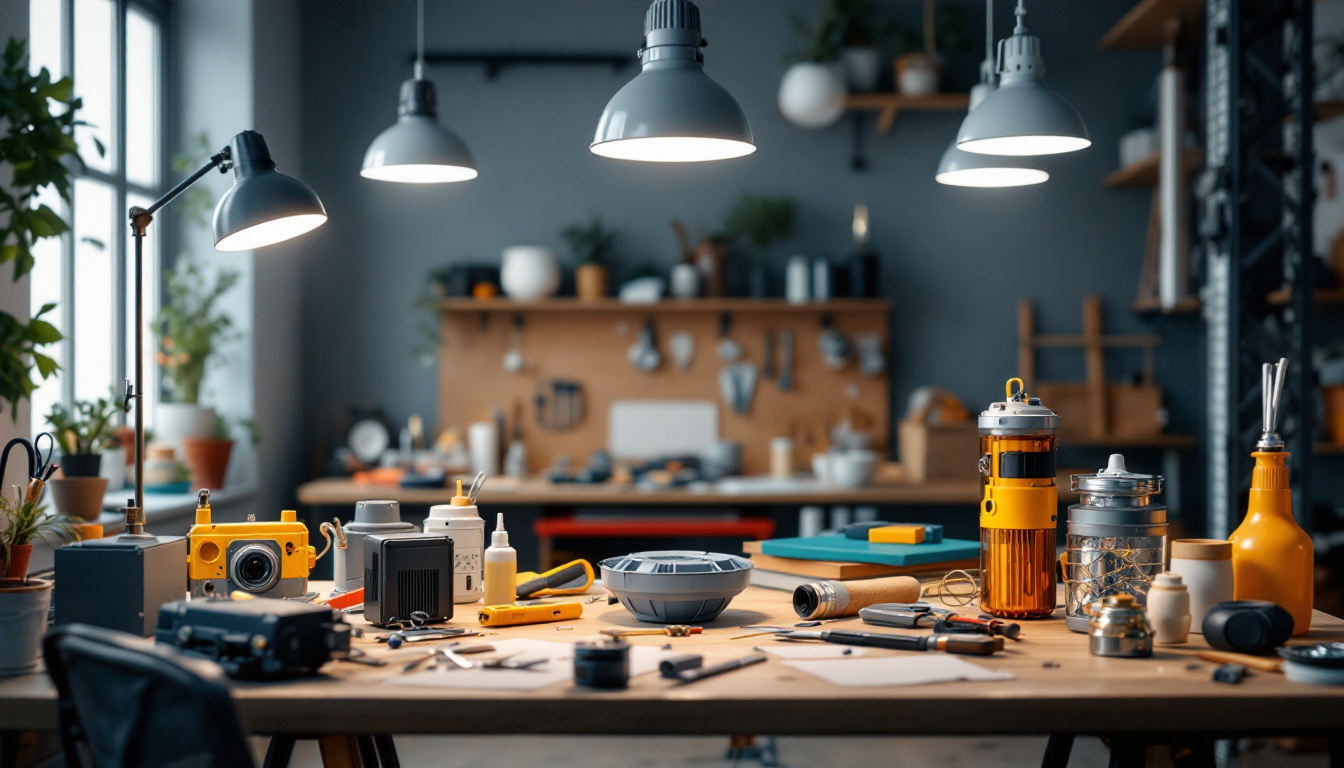 A photograph of a well-lit workspace featuring various types of light fixture ballasts alongside their corresponding light fixtures