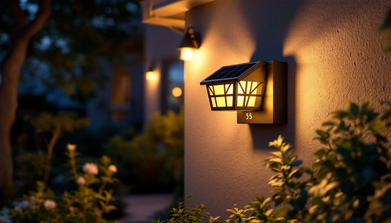A photograph of a beautifully illuminated solar-powered house number light at dusk