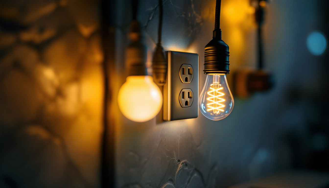 A photograph of a close-up of a well-lit electrical outlet with various types of light bulbs plugged in