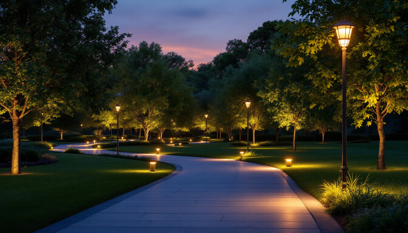 A photograph of a beautifully illuminated park at dusk