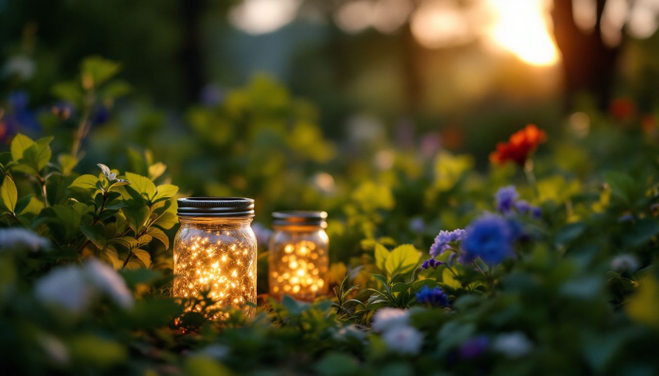 A photograph of a beautifully arranged outdoor scene featuring a glowing mason jar solar lamp surrounded by lush greenery at dusk