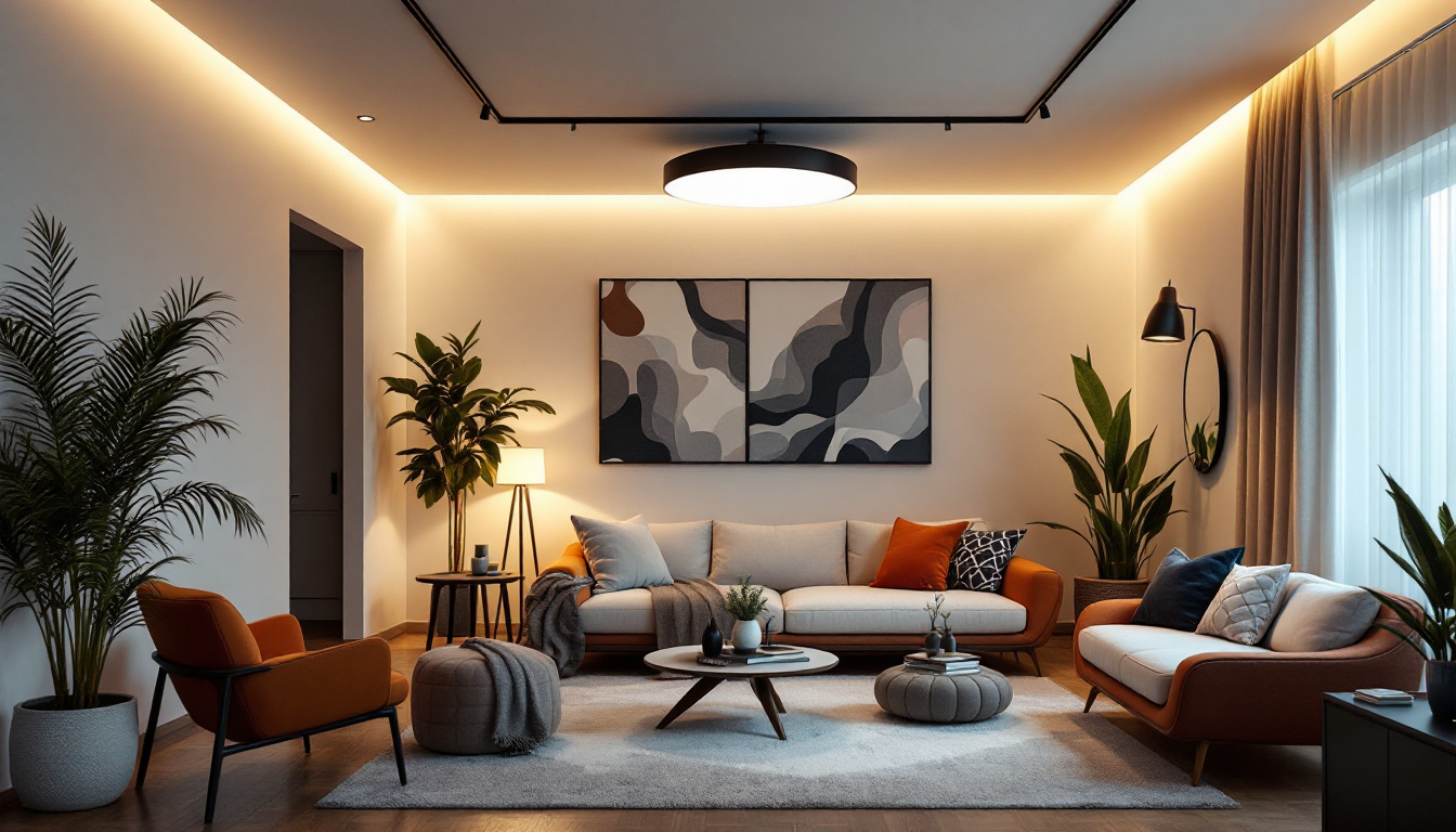 A photograph of a stylish and well-lit room featuring modern ceiling lights designed for low ceilings