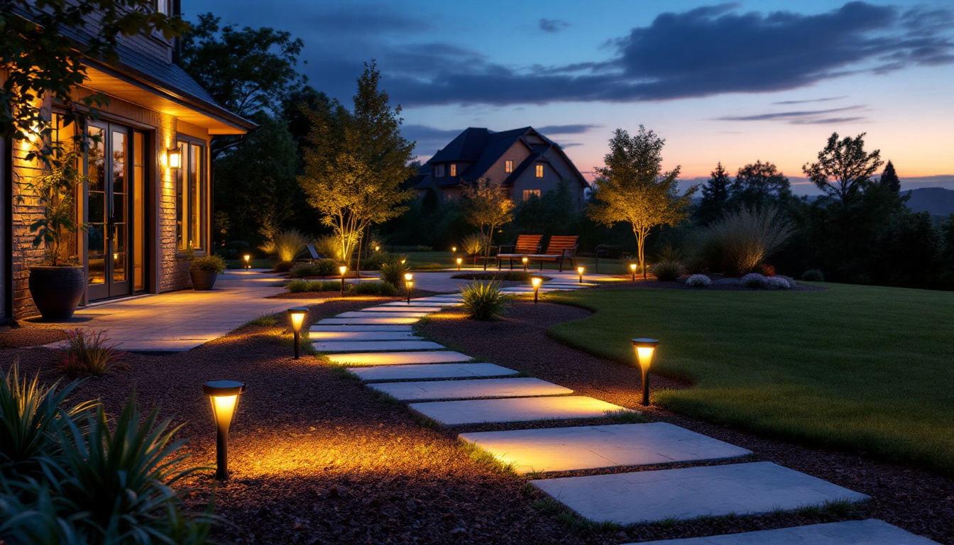 A photograph of a well-lit outdoor space at dusk featuring solar flood lights with motion sensors in action
