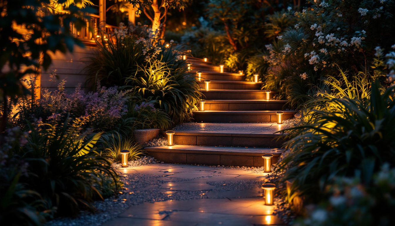 A photograph of a beautifully illuminated outdoor staircase featuring solar-powered lights