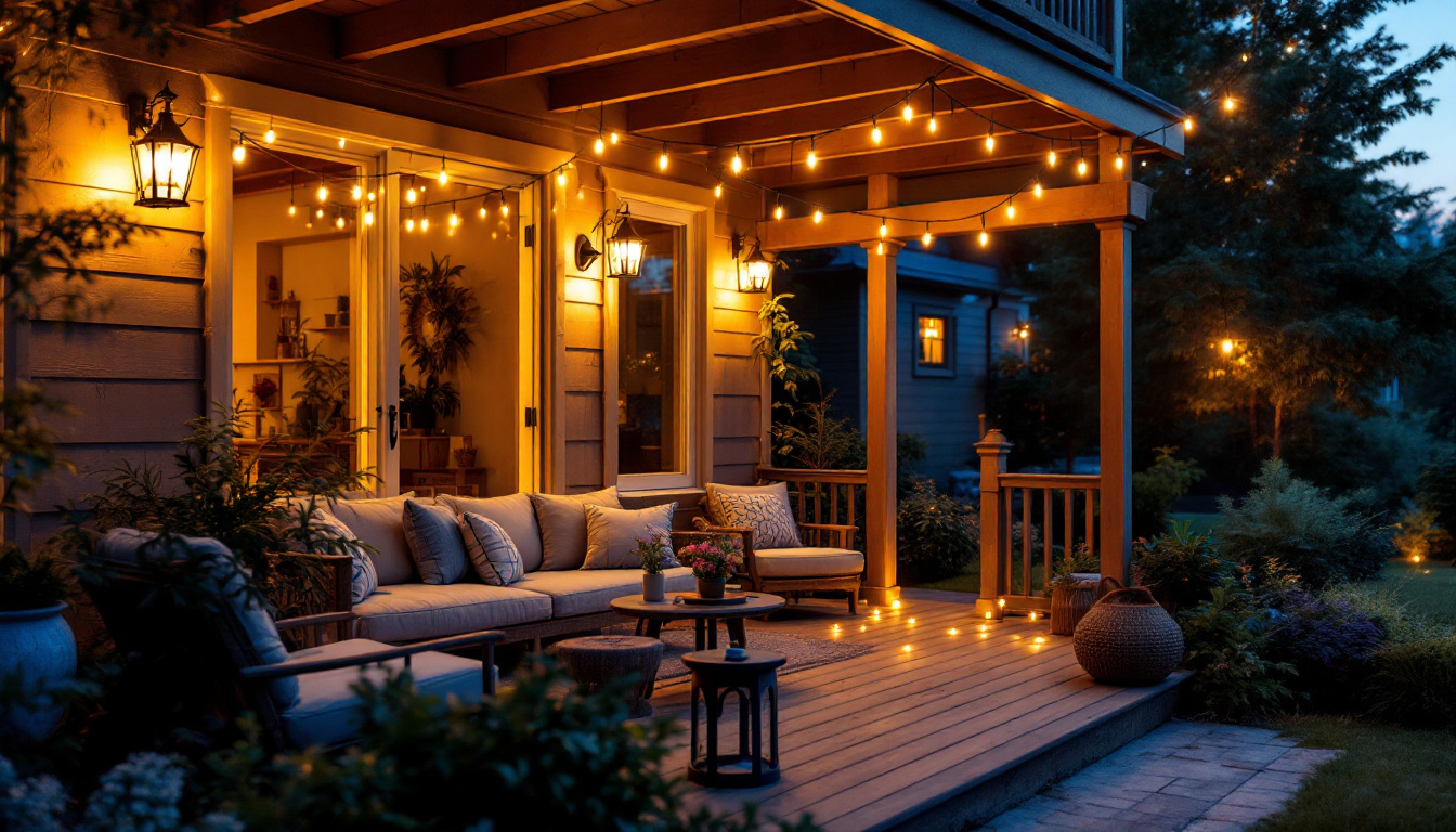 A photograph of a cozy back porch illuminated by warm
