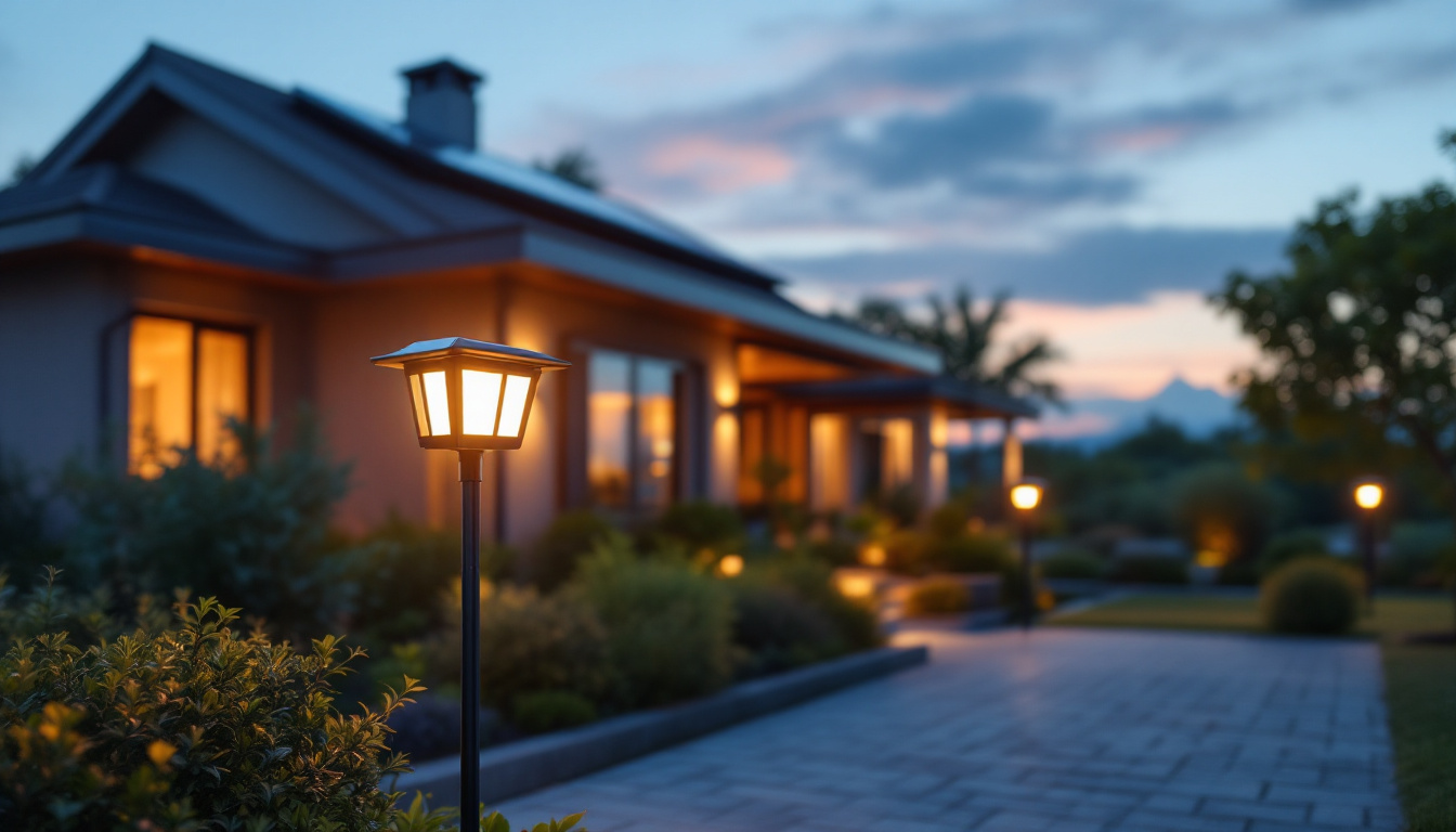 A photograph of a beautifully illuminated outdoor space featuring solar-powered house lights in use during twilight