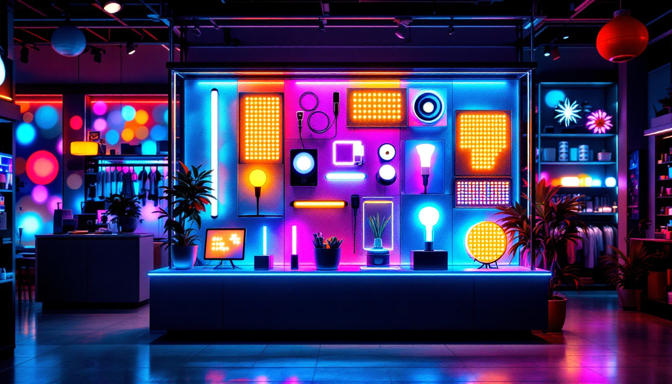 A photograph of a vibrant led light display in a retail setting