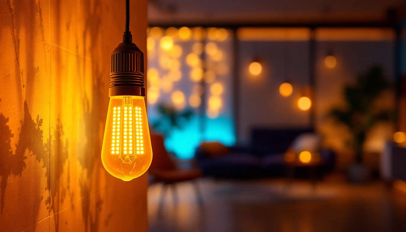 A photograph of a vibrant led corn light bulb illuminating a modern interior space