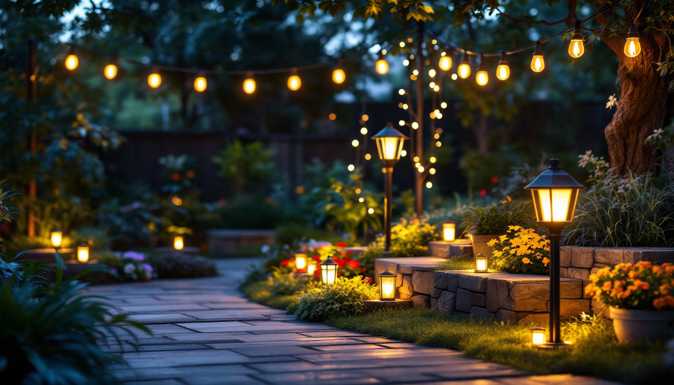 A photograph of a beautifully arranged outdoor lighting display in a serene garden setting