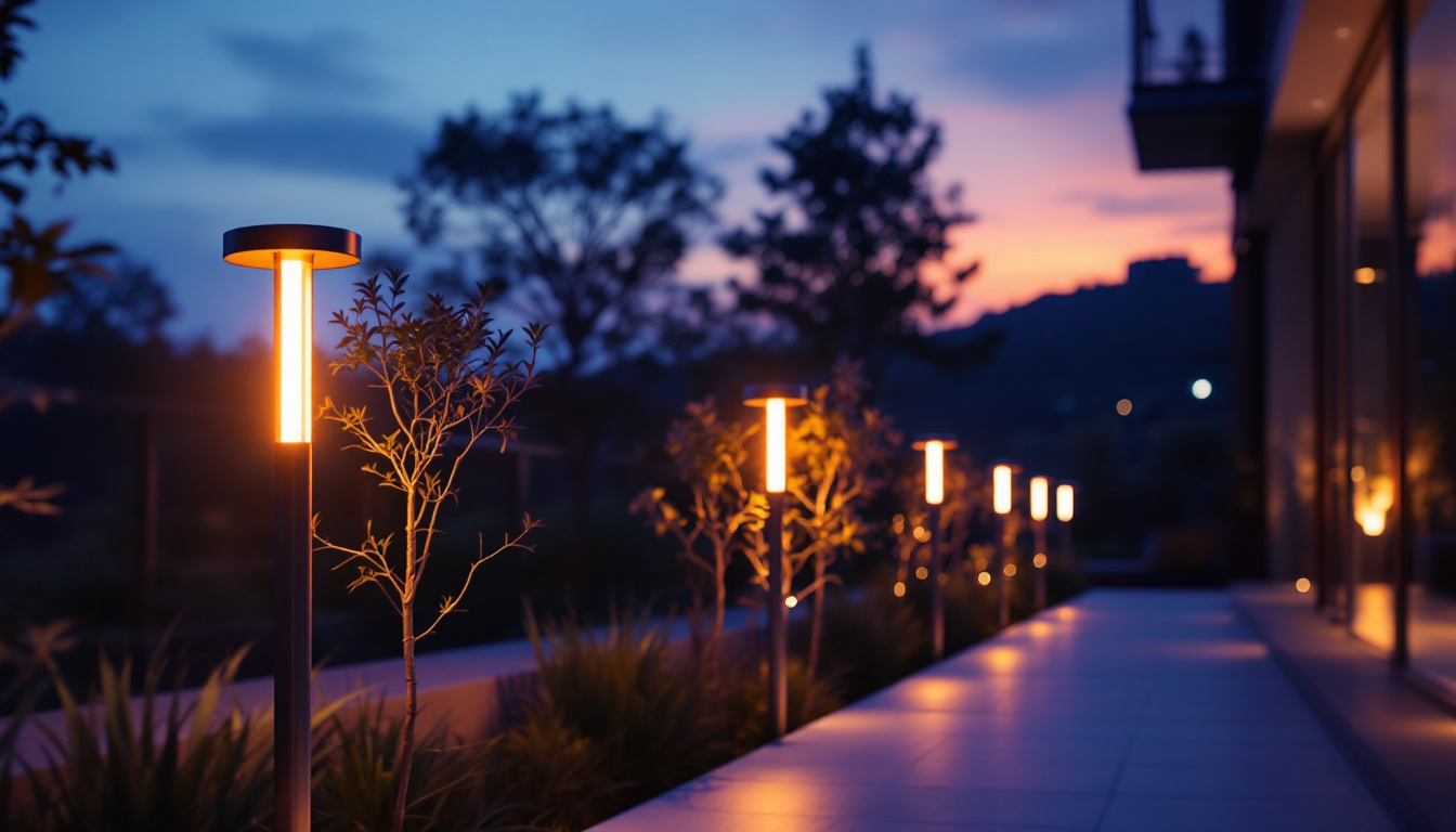 A photograph of a modern outdoor space illuminated by sleek led solar-powered lights