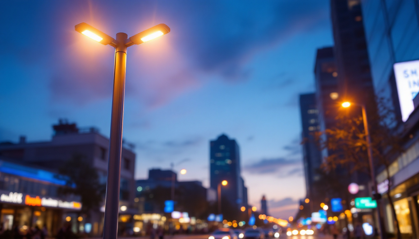 A photograph of a modern urban lighting pole illuminated at dusk