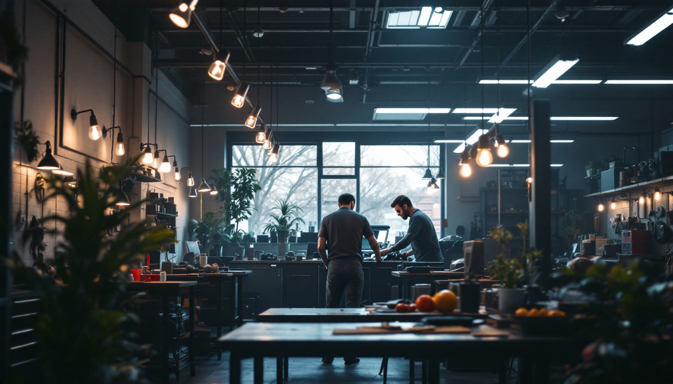 A photograph of a well-lit automotive shop showcasing various wall lights in action