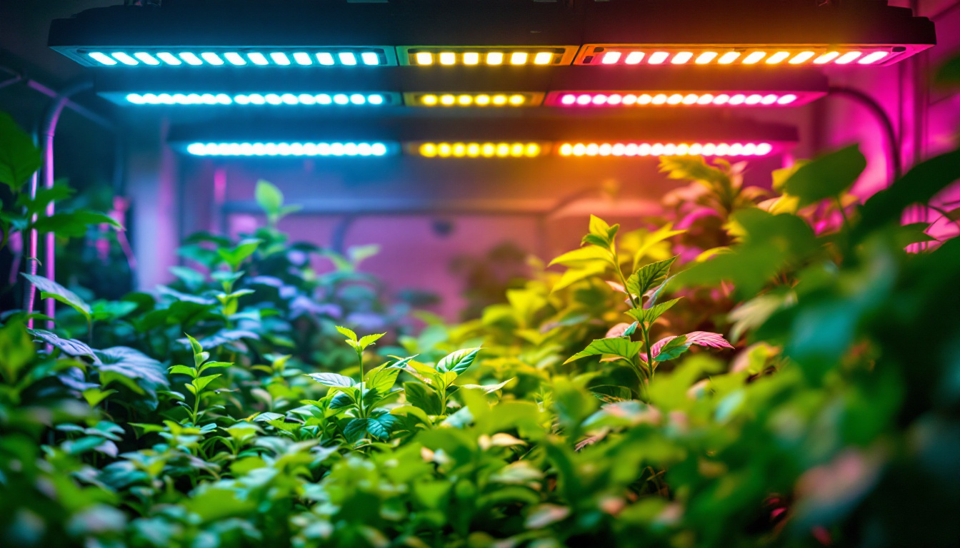 A photograph of a vibrant indoor greenhouse setup showcasing various plants thriving under an array of colorful grow lights