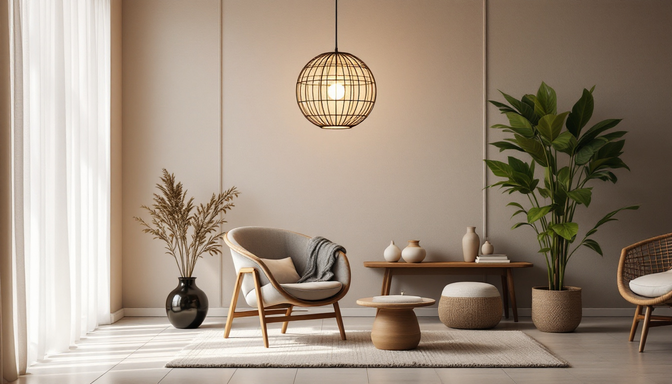 A photograph of a beautifully styled interior space featuring a round pendant light as the focal point