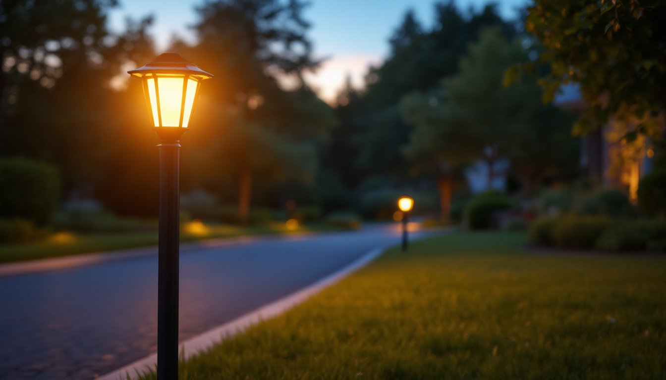 A photograph of a beautifully illuminated driveway lamp post solar at dusk