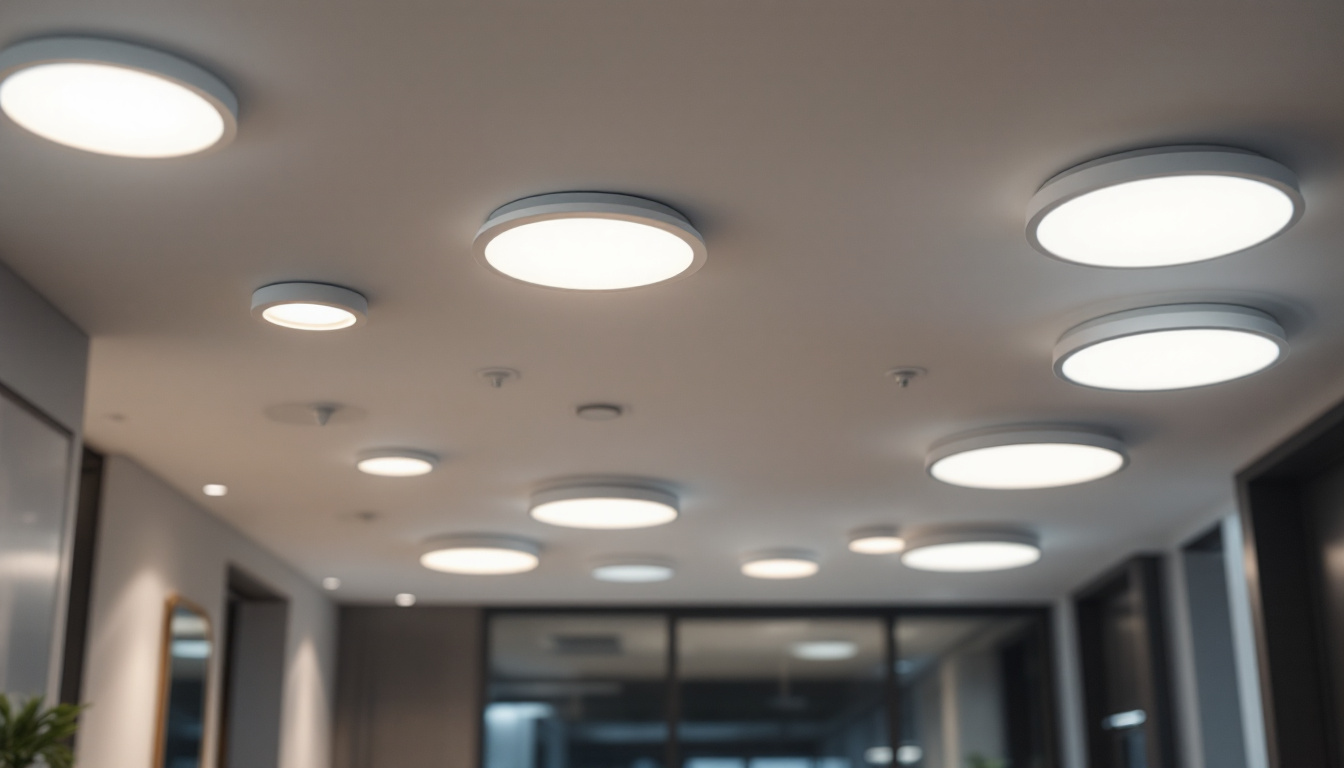 A photograph of a well-lit interior space showcasing various styles of led recessed lights installed in the ceiling