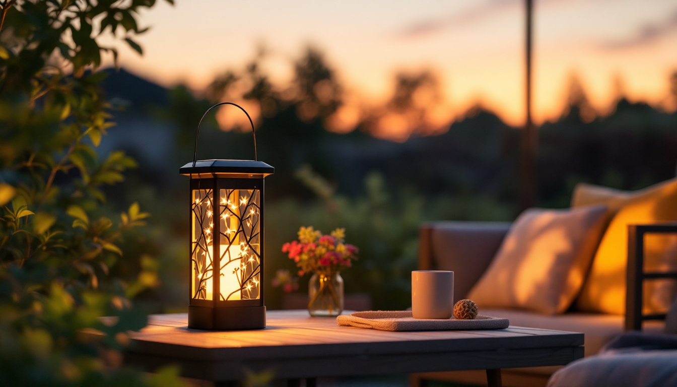 A photograph of a beautifully designed solar outdoor lantern illuminating a cozy backyard setting at dusk