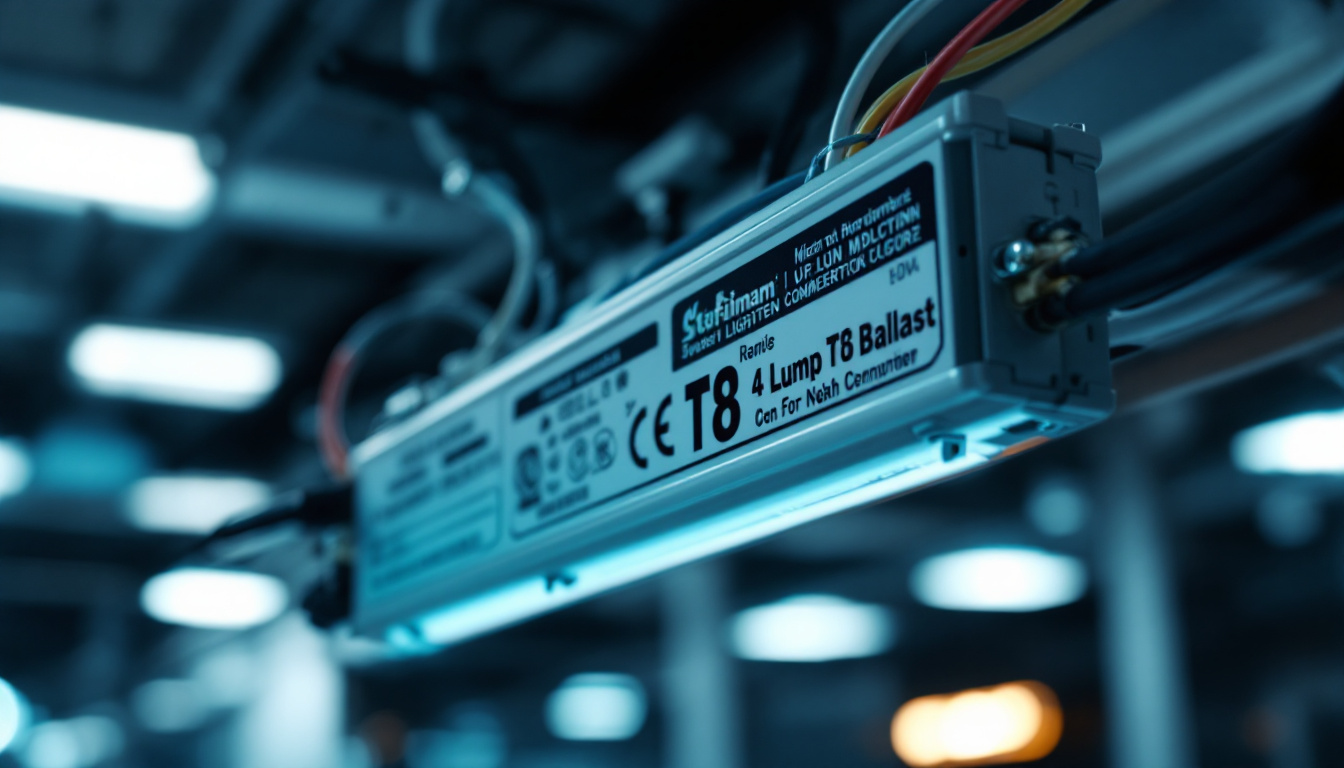 A photograph of a close-up view of a 4-lamp t8 ballast installed in a commercial lighting fixture