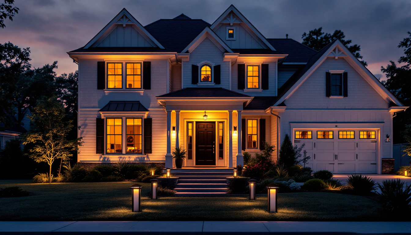 A photograph of a beautifully illuminated home exterior at dusk