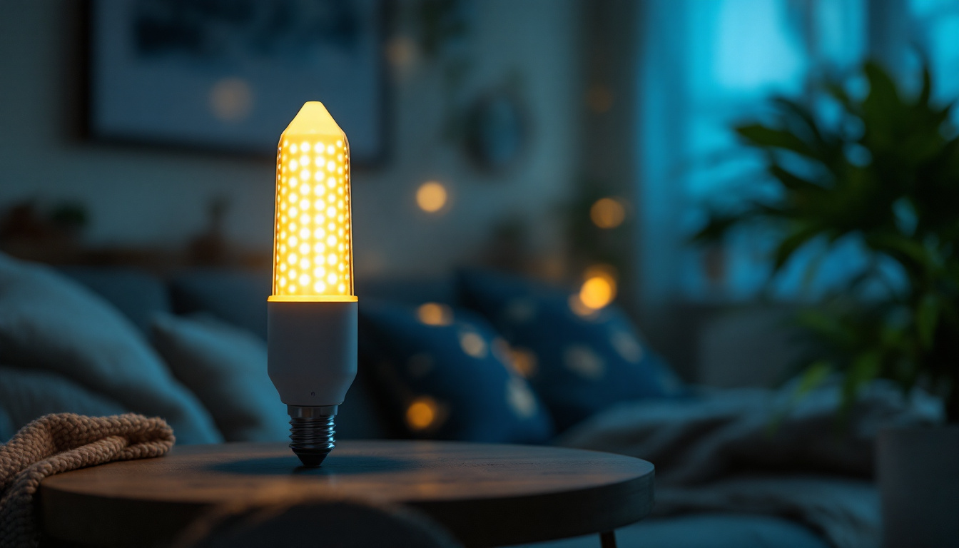 A photograph of a vibrant led corn lamp in a cozy indoor setting