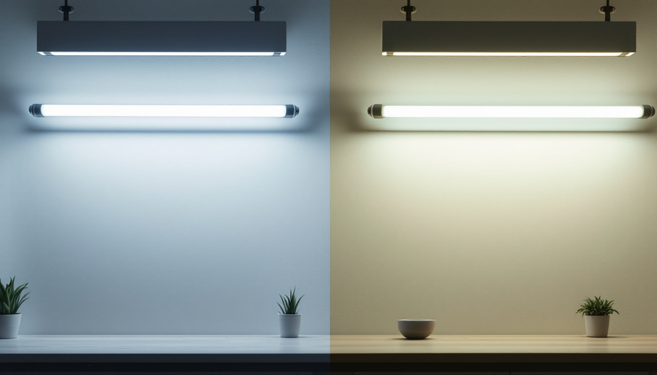 A photograph of a side-by-side comparison of t12 and t8 fluorescent tubes illuminating a workspace