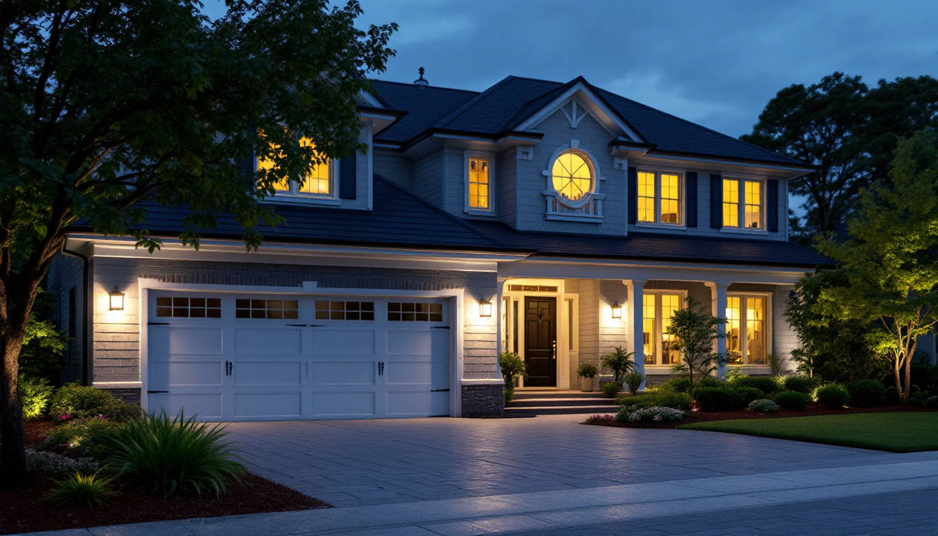 A photograph of a beautifully illuminated home exterior at dusk