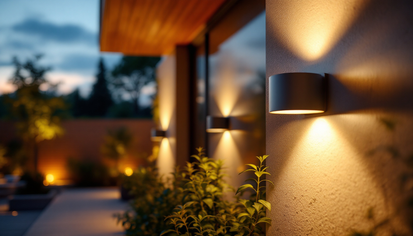 A photograph of a modern outdoor space illuminated by stylish wall-mounted solar lights at dusk