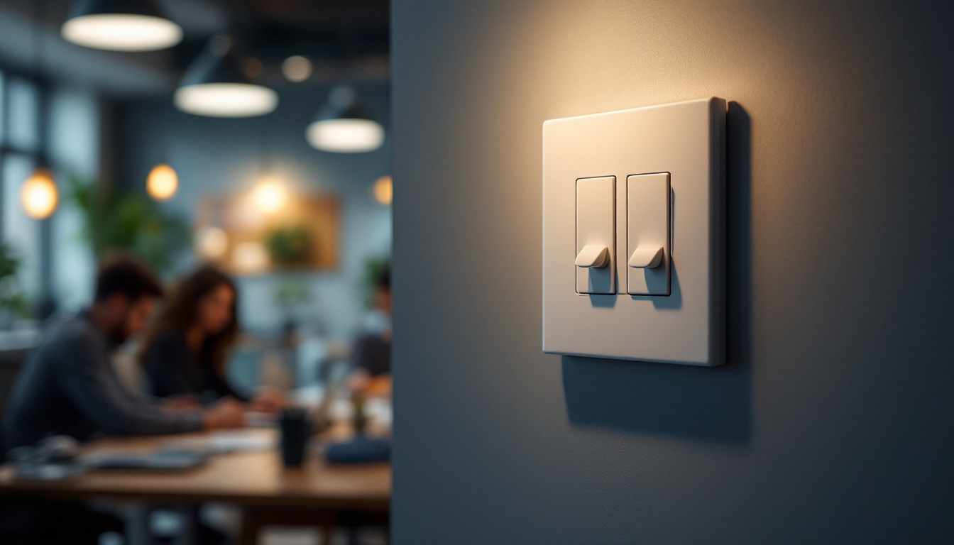 A photograph of a modern office space featuring a clearly visible three-way light switch in action