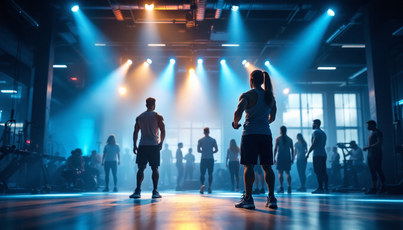 A photograph of a vibrant gym scene showcasing dynamic lighting effects
