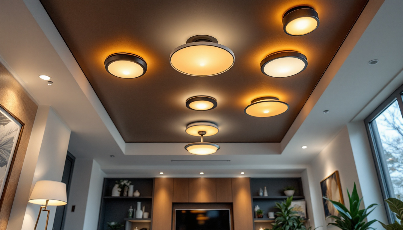 A photograph of a beautifully designed ceiling featuring various styles of can lights in a modern living space