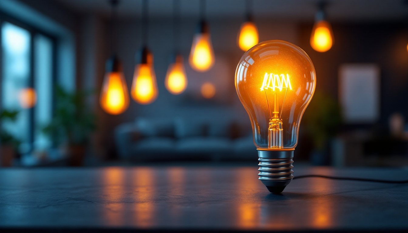 A photograph of a vibrant led light bulb illuminating a modern