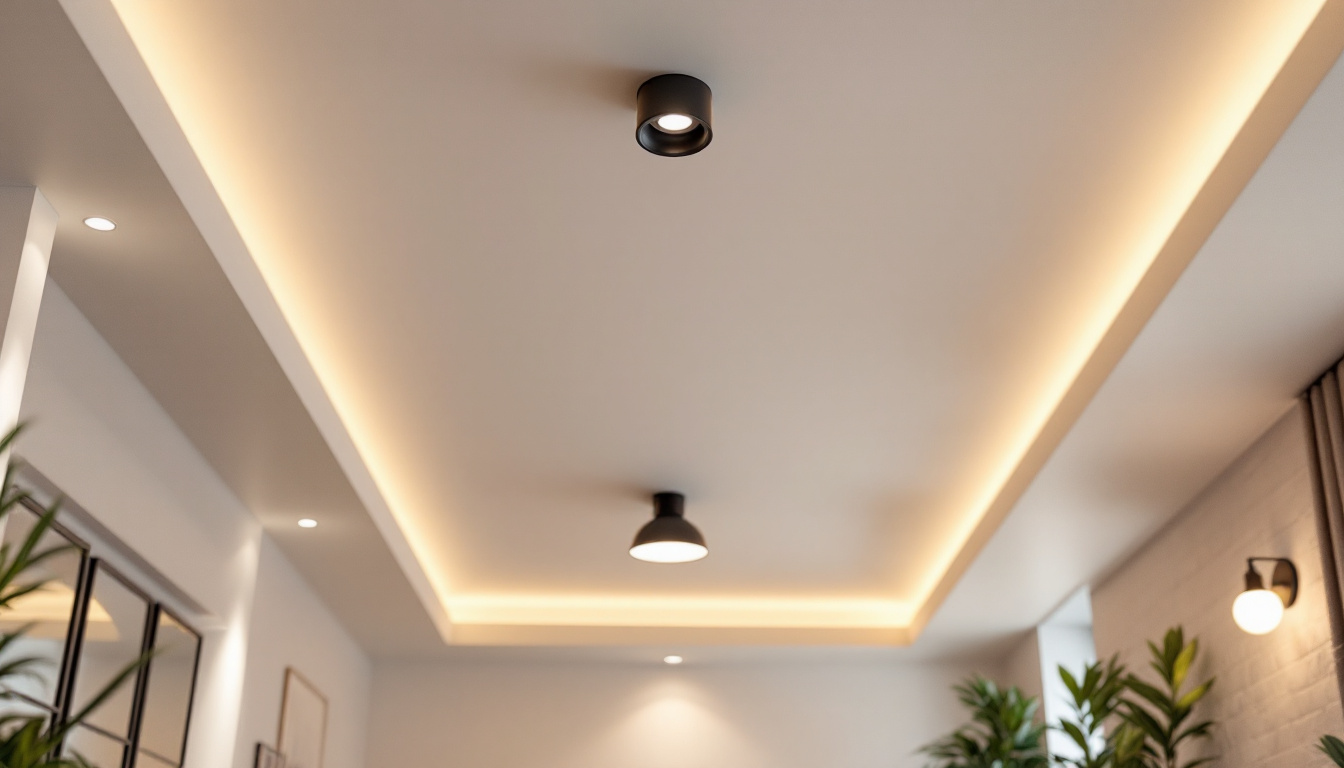 A photograph of a stylishly designed basement ceiling featuring modern lighting fixtures that highlight both the aesthetic appeal and practical functionality of basement ceiling lights