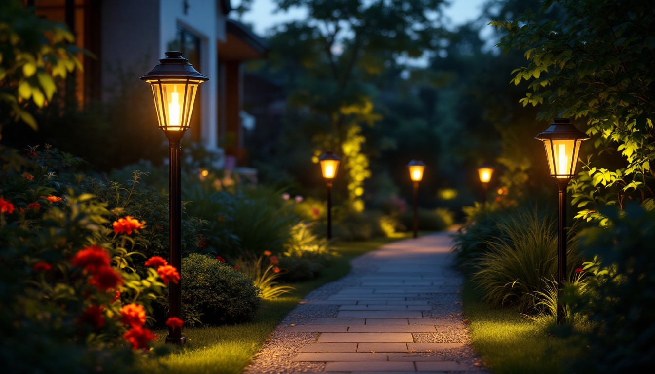 A photograph of a beautifully illuminated outdoor space featuring various styles of solar-powered post lights at dusk