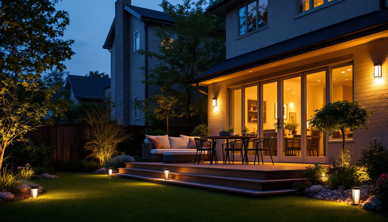 A photograph of a variety of outdoor motion light solutions installed in a backyard setting during dusk