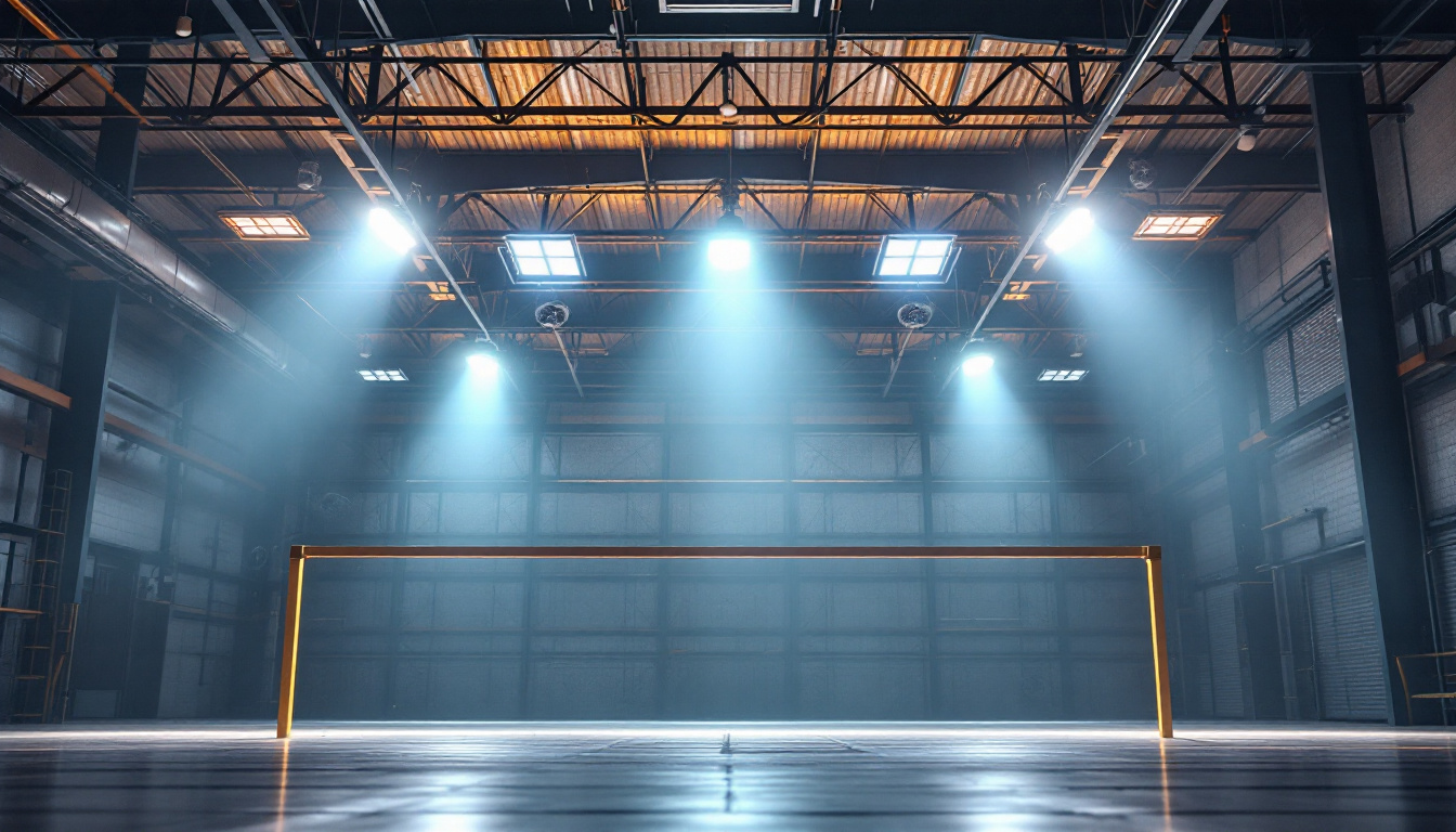A photograph of a well-lit warehouse interior showcasing an efficient lighting system complemented by strategically placed fans