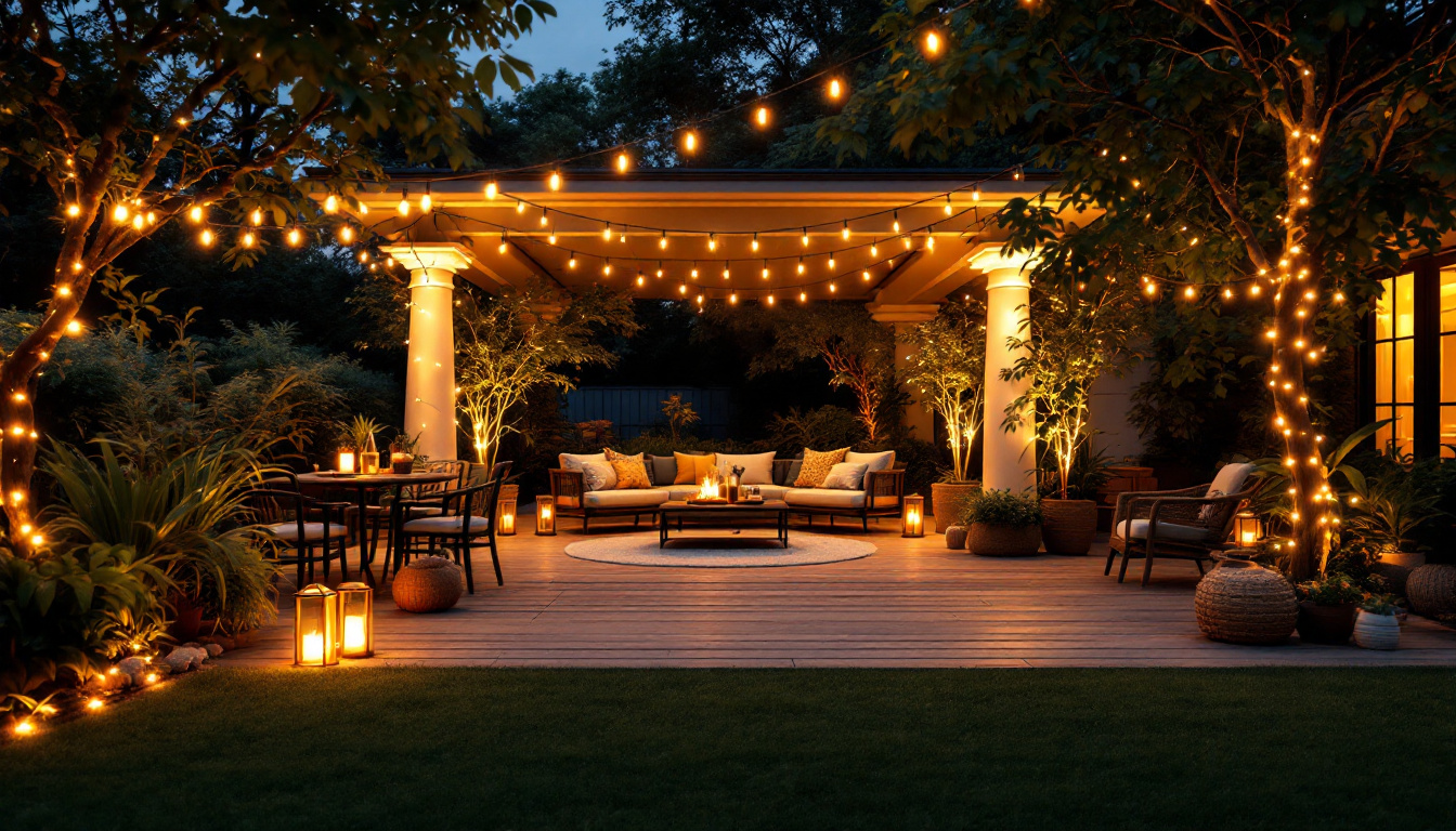 A photograph of a beautifully arranged outdoor patio illuminated by warm