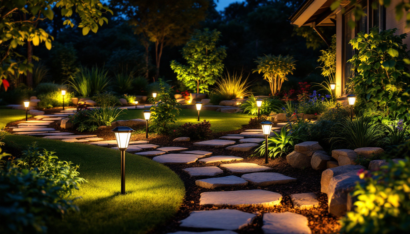 A photograph of a beautifully illuminated garden at dusk