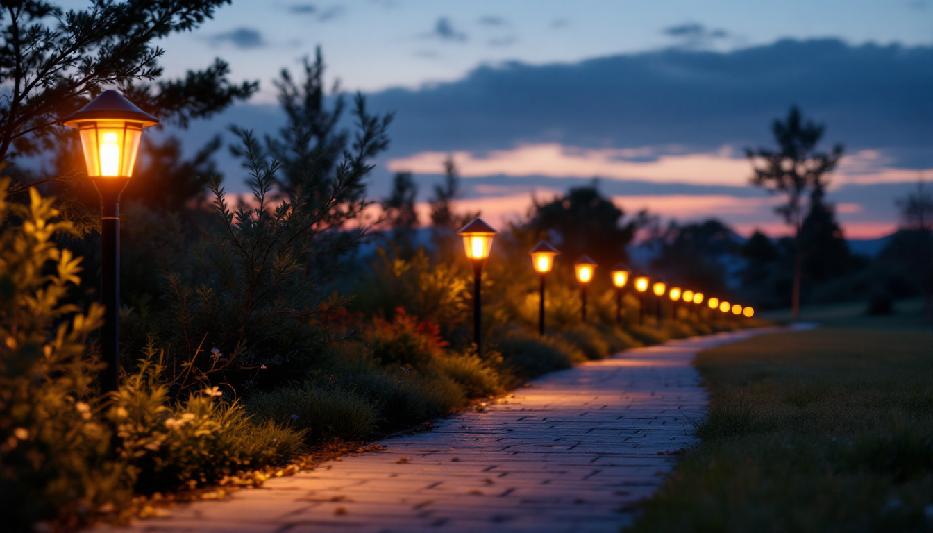 A photograph of a beautifully illuminated outdoor path lined with solar-powered lights at dusk