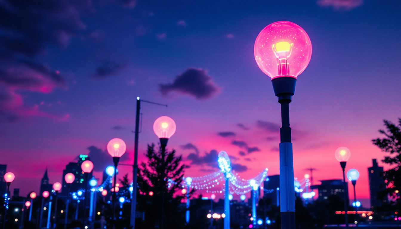 A photograph of a vibrant display of ge lights illuminating a dynamic urban scene at dusk