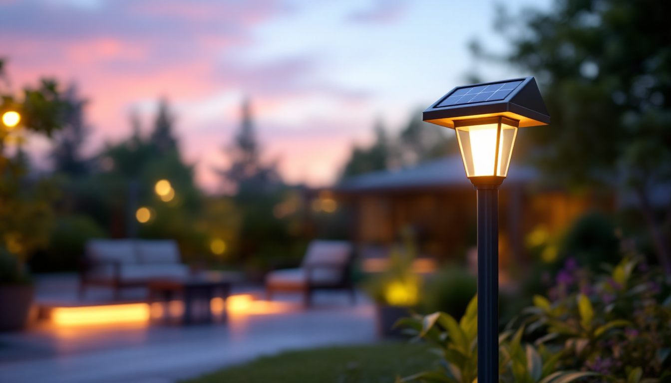 A photograph of a beautifully designed outdoor solar pole lantern illuminating a garden or patio setting at dusk