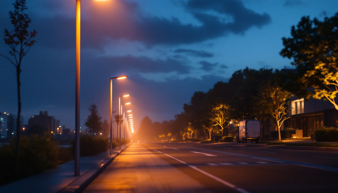 A photograph of a modern urban street scene illuminated by sleek