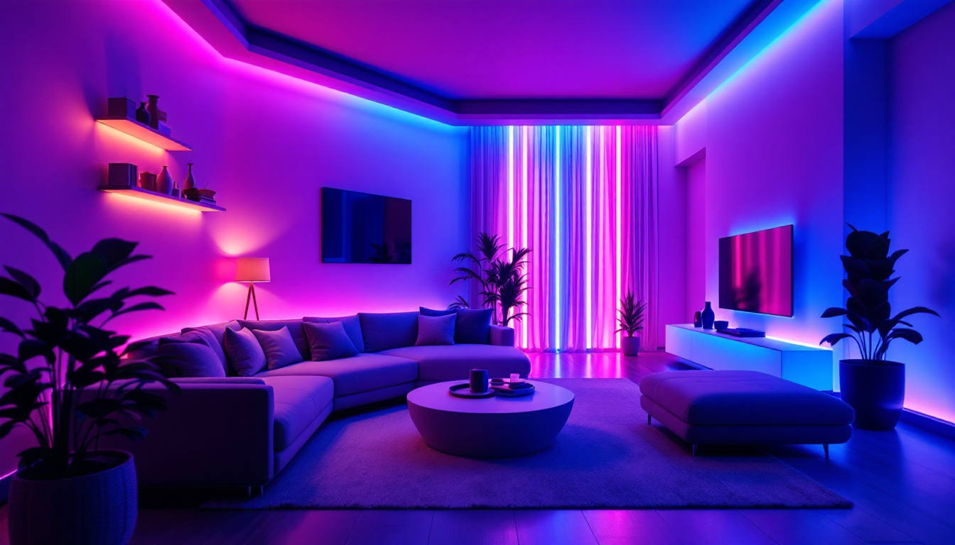 A photograph of a modern living space illuminated by vibrant rgb led lights