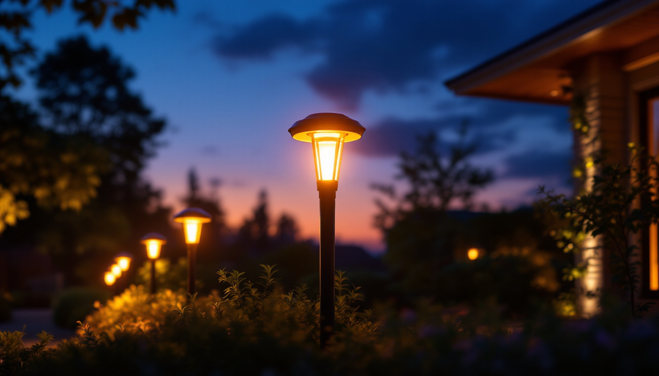 A photograph of a beautifully illuminated outdoor space featuring solar lights mounted on posts